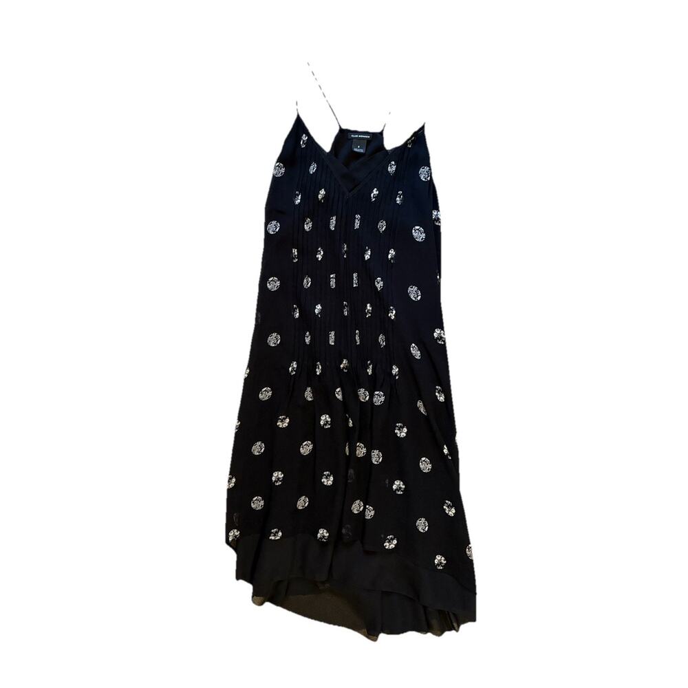 Club Monaco Black White Midi Dress Sz 8 Printed Silk Spaghetti Strap Pleats